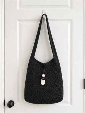 Black Crochet Shoulder Bag with Bead Accent